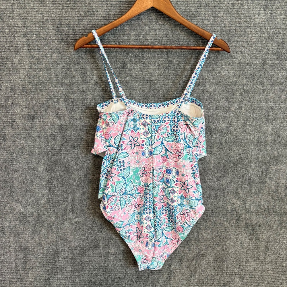 Stella Parker Floral Paisley Ruffle One Piece Swimsuit Pink Teal Blue Large - Picture 3 of 5